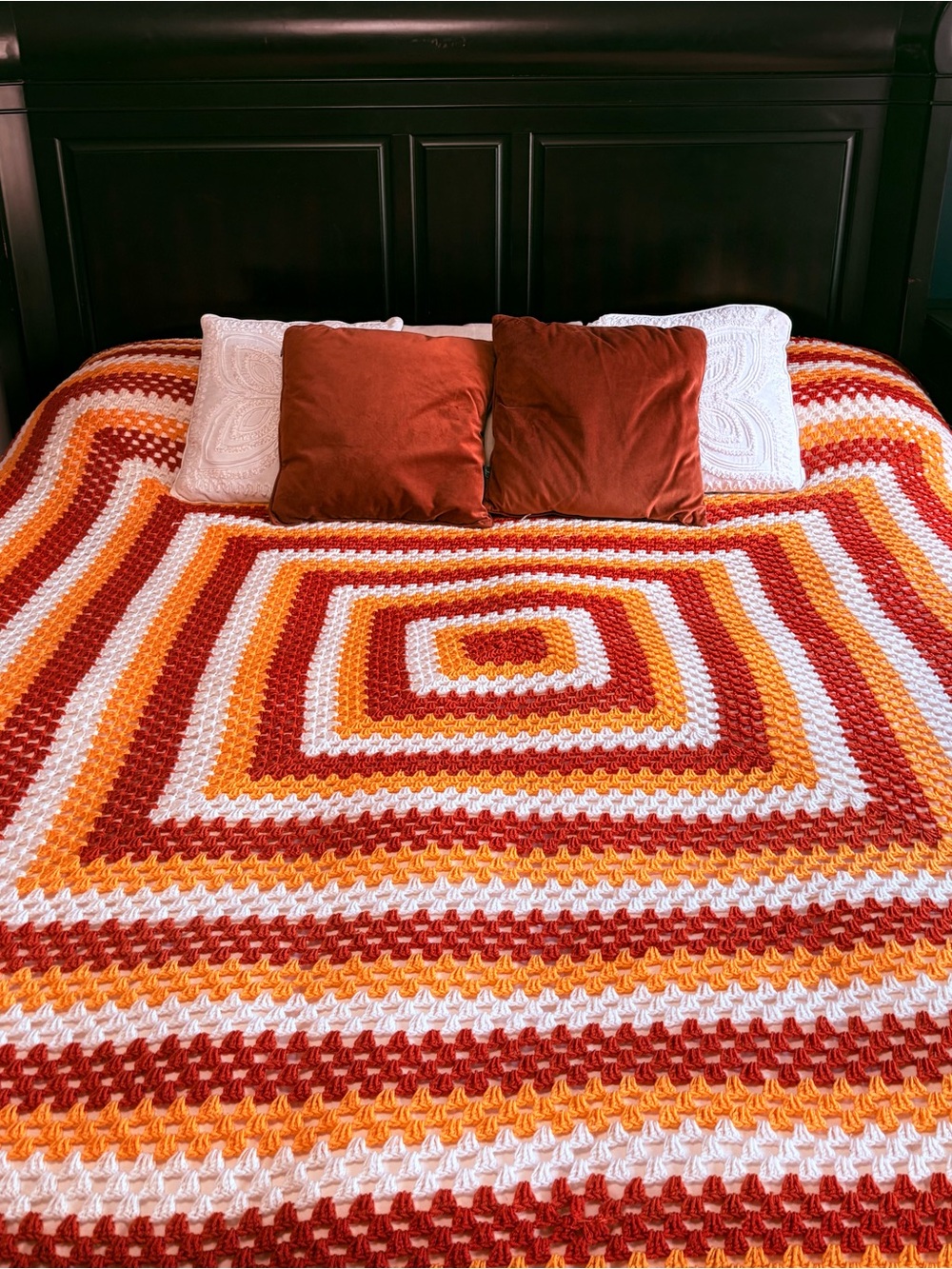 Handmade Crochet Bedspread - Rust, Mustard & White (cushions not included) Queen